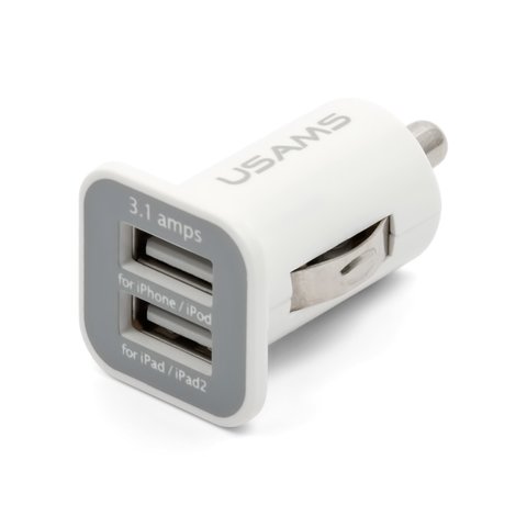 Автомобільний зарядний пристрій, універсальне, USB вихід 5В 1A 2.1А, 12 В, біле
