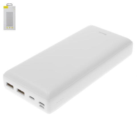 Power bank Baseus X30, 30000 мАч, USB тип C вход 5В 2,1А, Type C выход 5В 3А, micro USB тип B вход 5В 2,1А, Lightning для Apple вход 5В 2,1А, 2 USB выходы 5V 1A 2,4 A, 157 × 71 × 30 мм, белый, #PPJAN C02