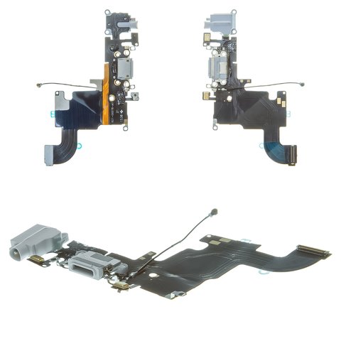 Шлейф для iPhone 6S, коннектора наушников, коннектора зарядки, серый, с микрофоном, Copy