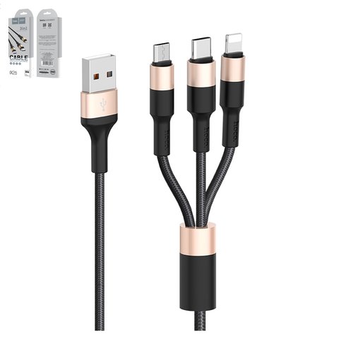 USB дата кабель Hoco X26, USB тип C, USB тип A, micro USB тип B, Lightning, 100 см, 2 A, чорно золотистый