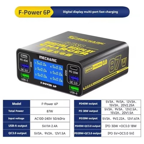 Сетевое зарядное устройство Mechanic F Power 6P, 87 Вт, Quick Charge, Power Delivery PD , 6 портов