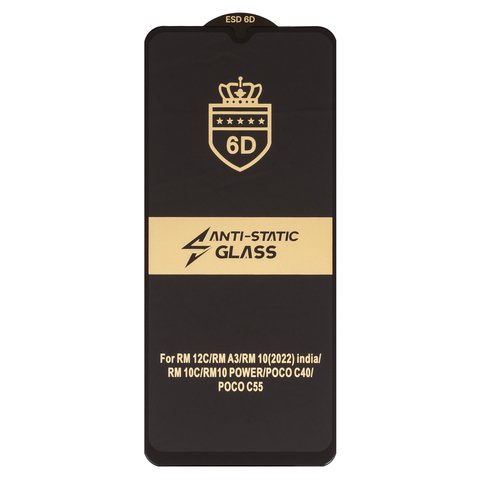Защитное стекло ESD 6D для Xiaomi Poco C40, Poco C55, Redmi 10C, Redmi 11A, Redmi 12C, совместимо с чехлом, Full Glue, Anti Static, без упаковки , черный