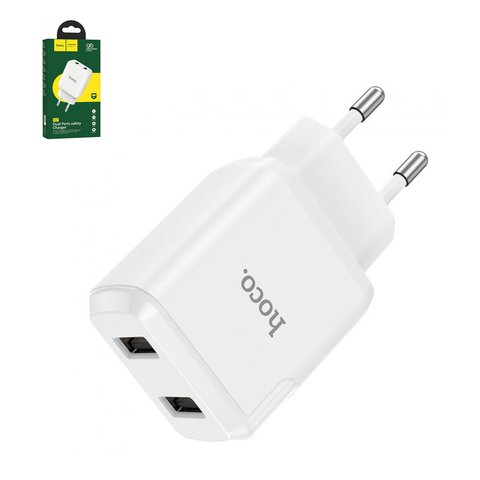 Мережевий зарядний пристрій Hoco N7, 220 В, 2 USB виходи 5В 2,1А , біле, без кабеля, 10,5 Вт
